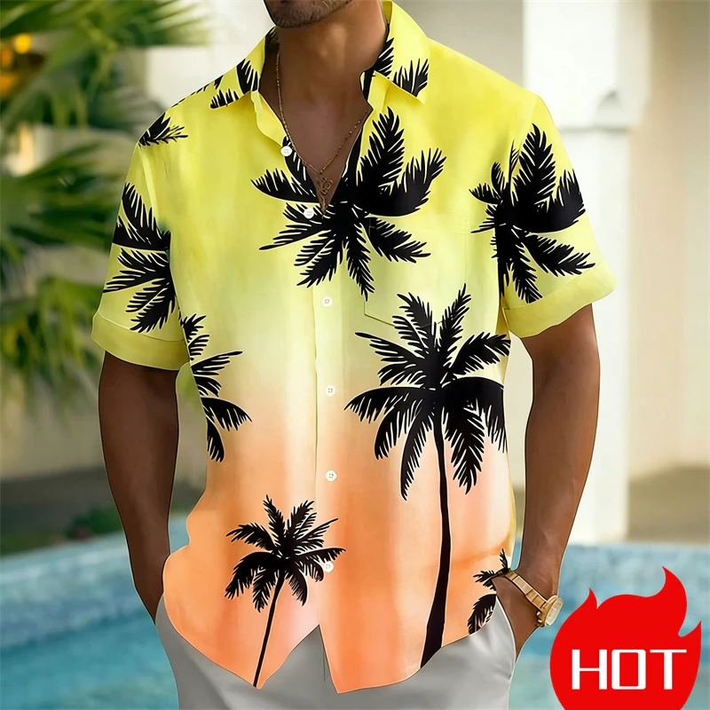 

Hawaiian Men's Shirt Summer Outdoor Beach Coconut Tree Colorful Gradient Men's Short-sleeved Shirt Street Fashion Men's Shirt