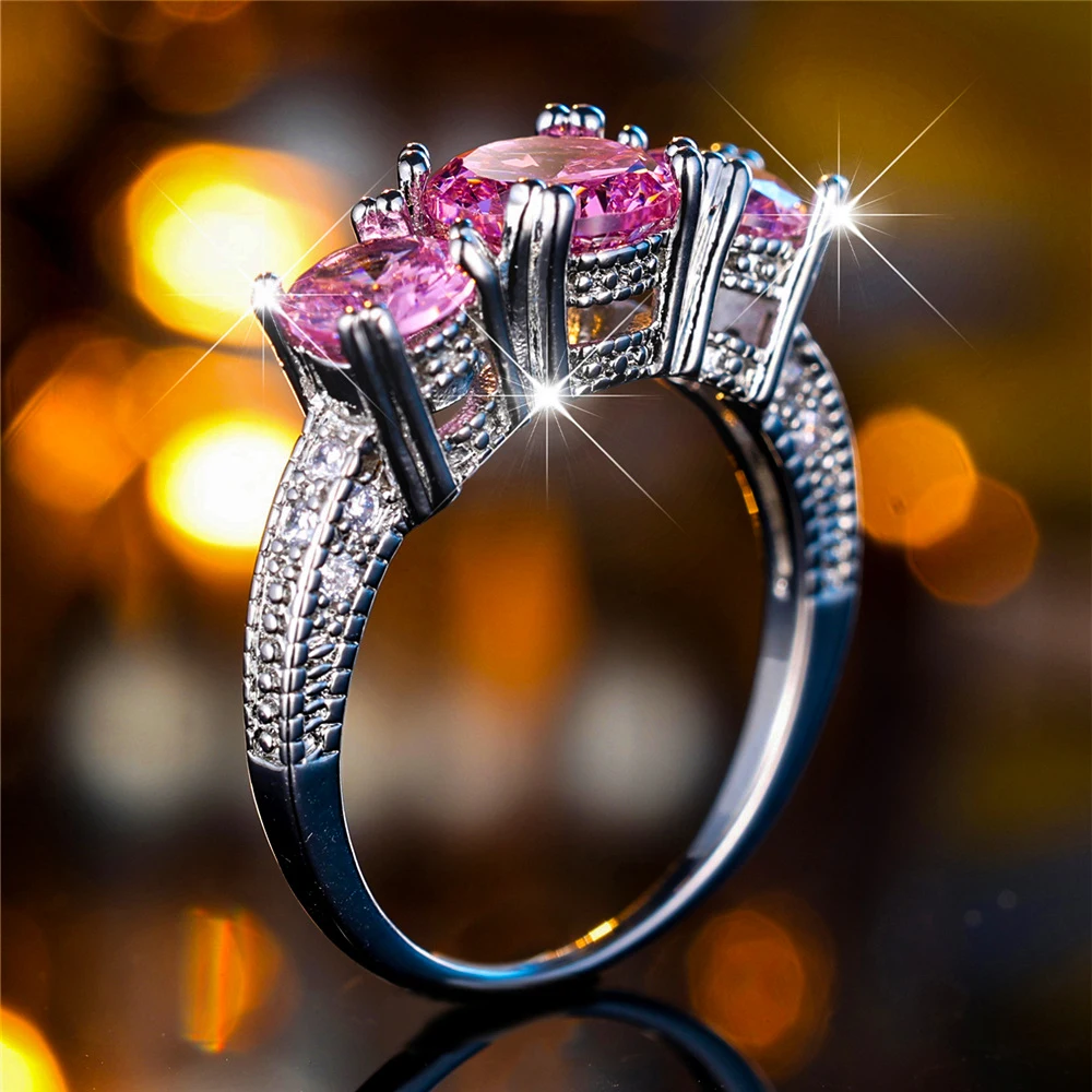 Female Pink Round Zircon Stone Finger Engagement Ring Vintage Silver Color Wedding Band Bridal Jewelry For Women