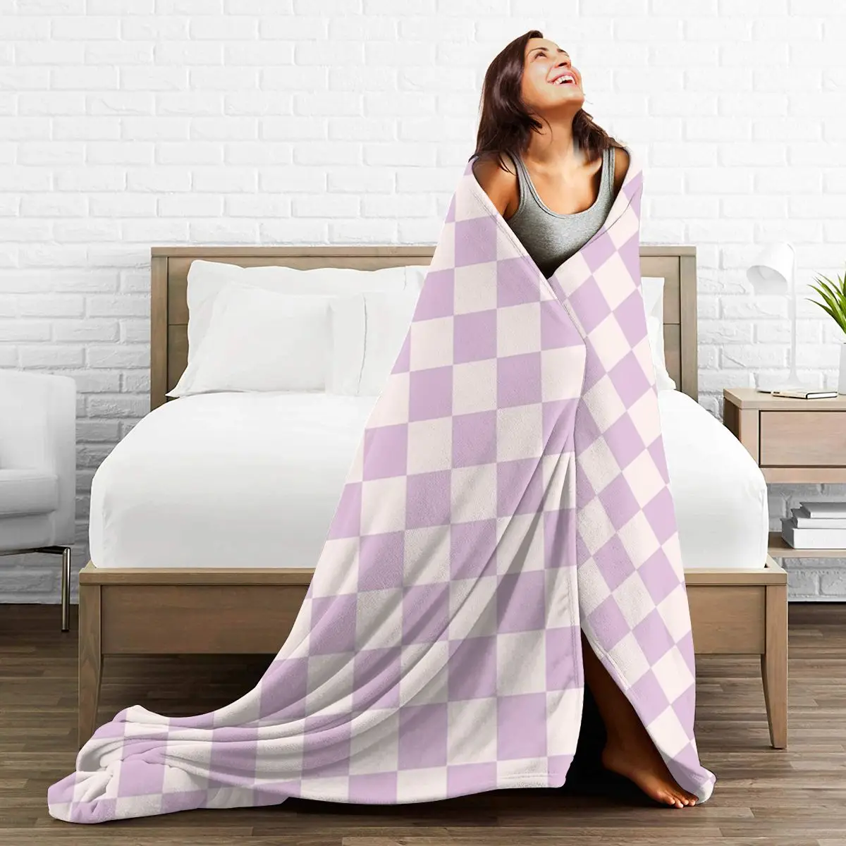 Checkerboard Check Checked Pattern In Light Lilac Purple Pink Blankets Fleece Breathable Sofa Throw Blankets Throws Bedspread