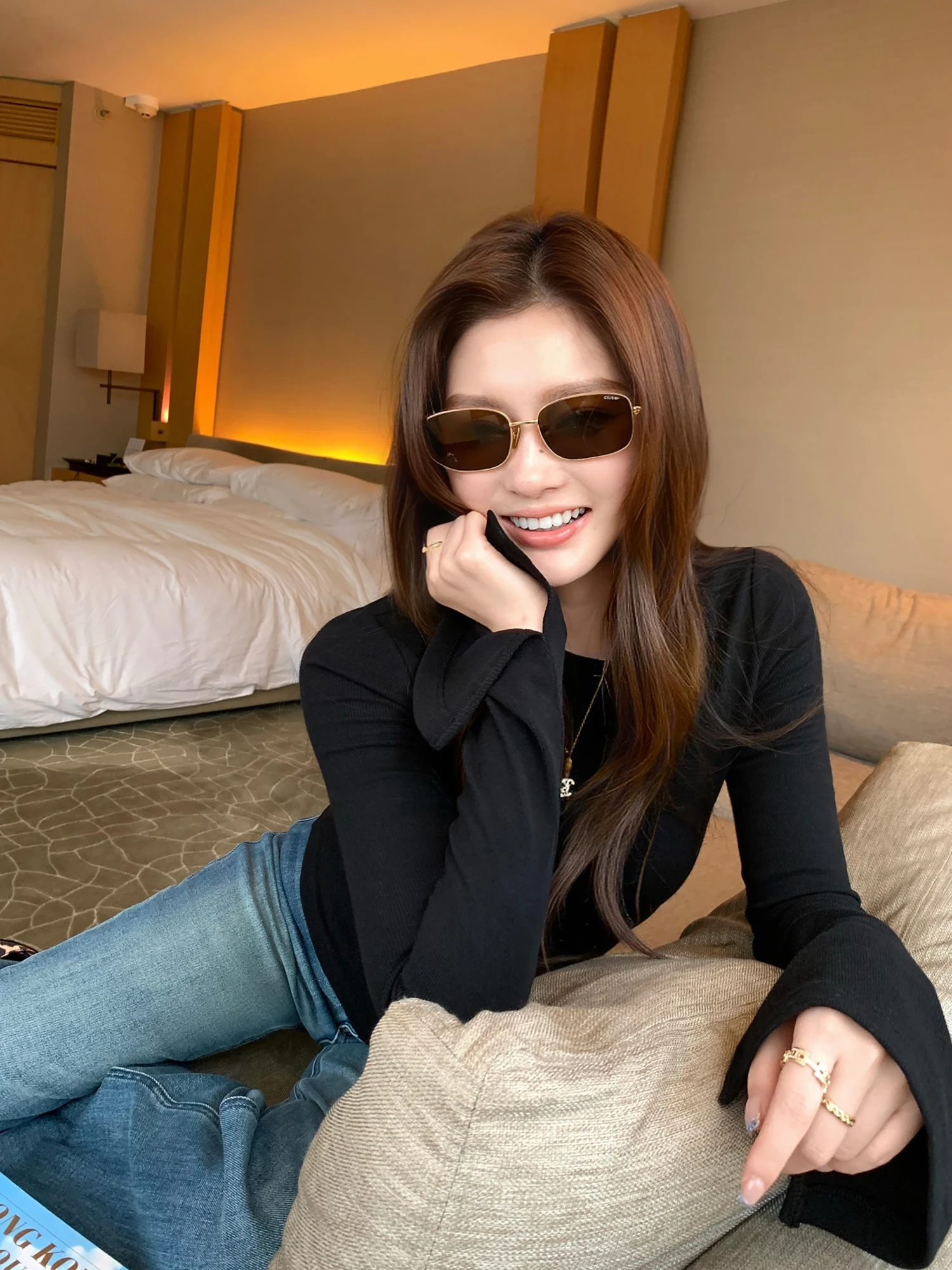 Pink Slim Fit Long Sleeve T-Shirt Women's Design Bell Sleeve Knitted Top Casual Style Standard Edition Polyester Blend Fabric