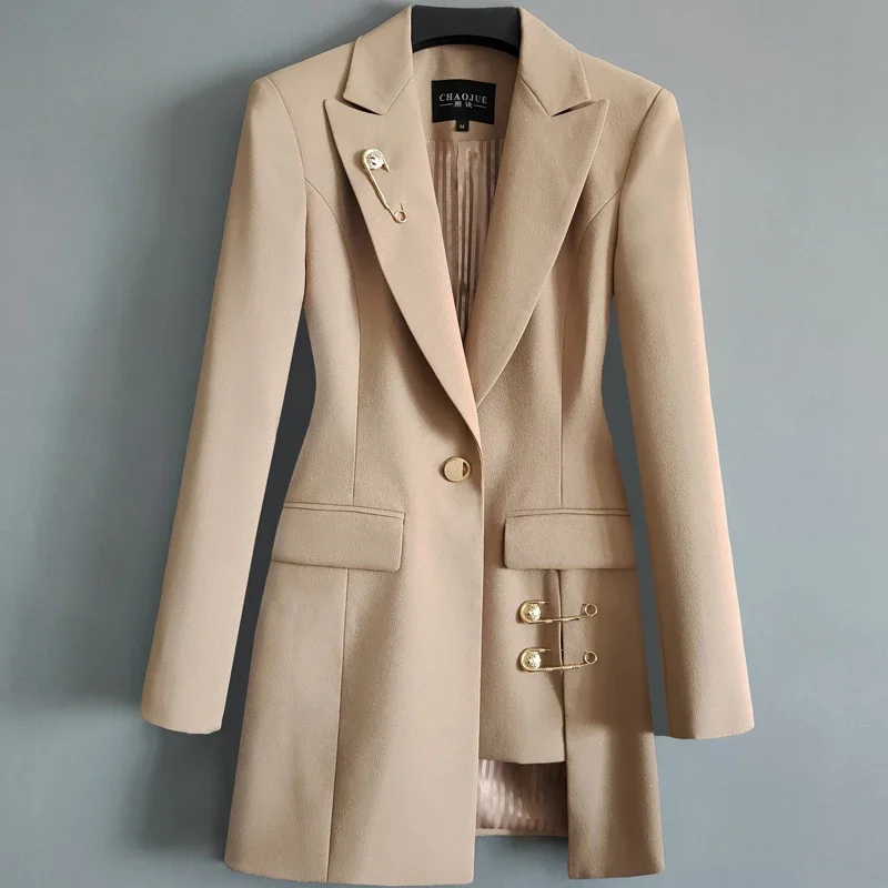 Blazer Hitam Hijau Khaki Wanita Musim Semi Musim Gugur Setelan Panjang Menengah Pakaian Luar Kerah Jaket Setelan Lengan Panjang Kancing Tunggal Wanita Kasual