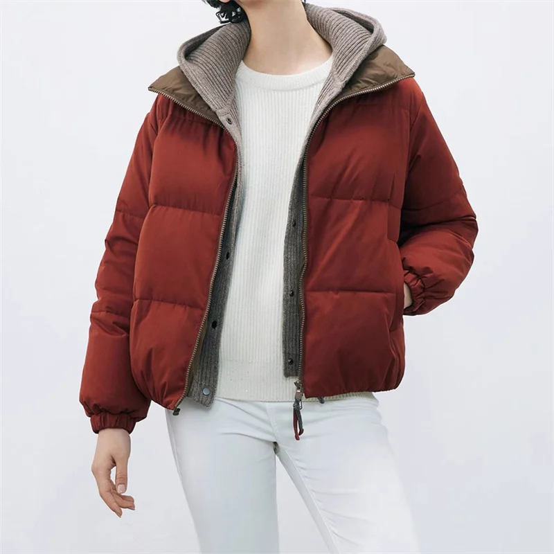 Women's down jacket 2024 New Knitted splicing winter warm thick jacket 90 white goose Puffer coats Wool blend hooded down coats