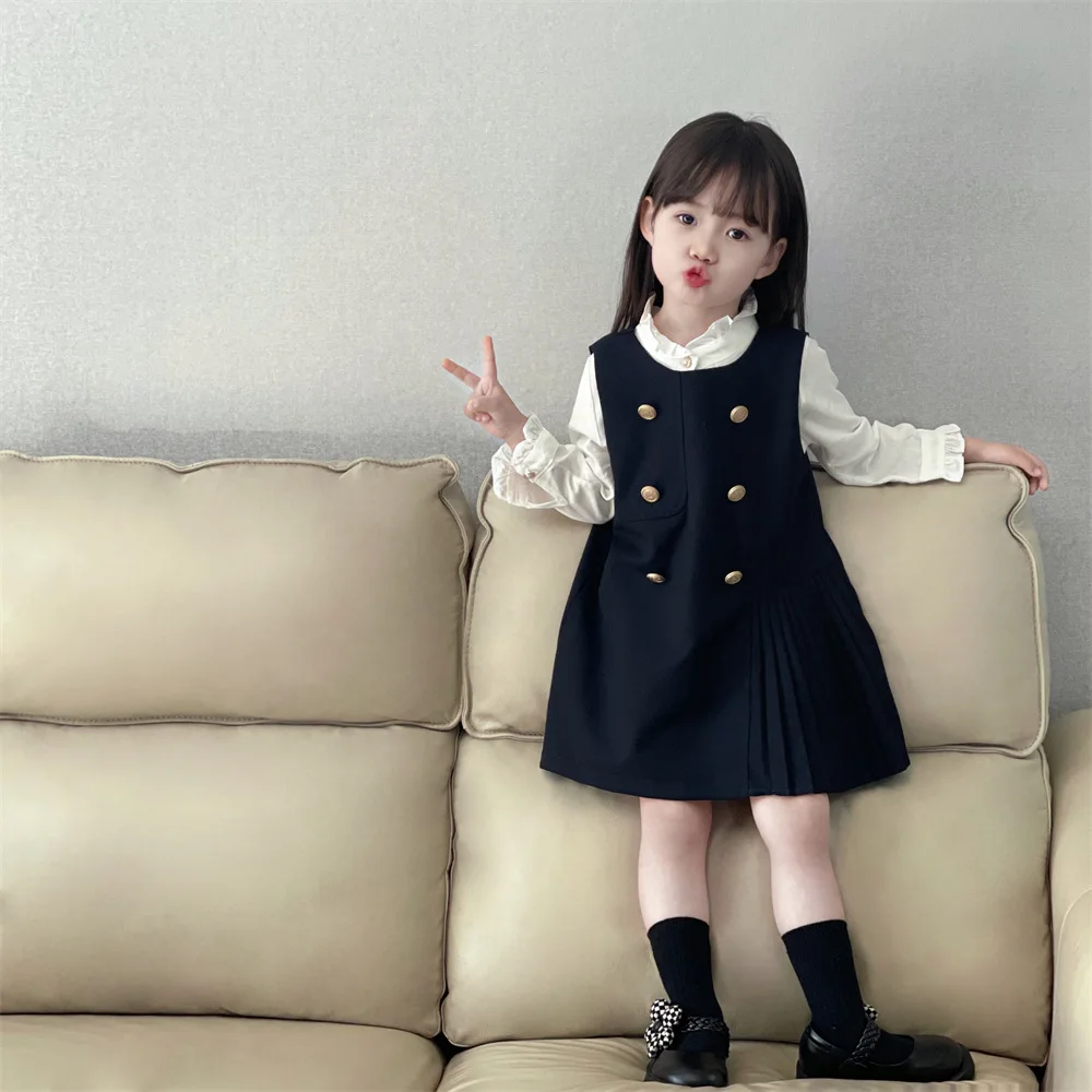 Spring Girls Clothing Suit Autumn New Children\'s Campus Style Dress Fashion Lace Neckline Shirt+ Double breasted Tank Top Dress