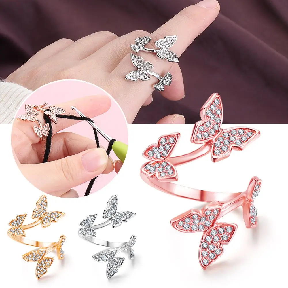 Butterfly Adjustable Knitting Loop Crochet Knitting Ring Finger Wear Thimble Yarn Guides Knitted Ring Accessories Butterfly