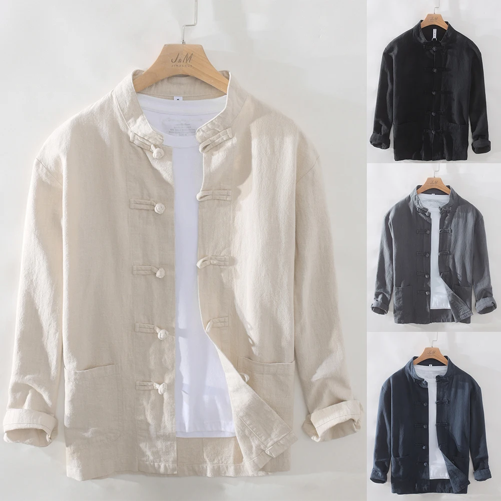 Comfortable Comfy Mens Tops Mens Shirts Button Up Tang Suit Cardigan Casual Chinese Coat Cotton Blouse Stand Collar