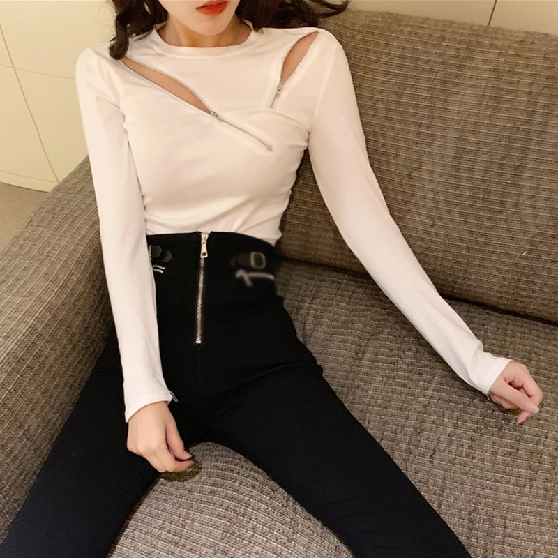 Casual Ladies Tops Zipper Sexy Bottoming Shirt Solid Color Korean Version Crew neck top Short Slim fit t-shirt