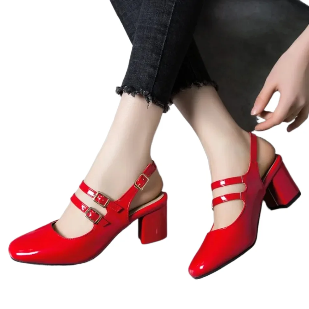 Plus Size 32-52 Woman Sandals Square Heels White Black Patent Leather Casual Party Office Lady Ankle Strap Gladiator Shoes H317