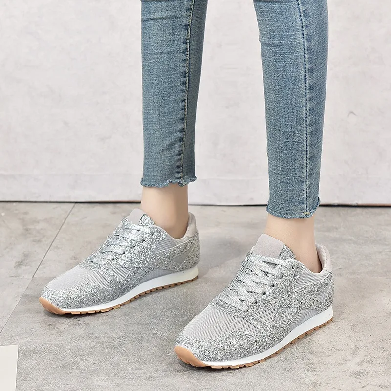 2025 Women's Sneakers Luxury Sequin Fabric Mesh Spliced Casual Shoes Soft Flats Running Shoes Lace-up Walking Shoes New Trainers