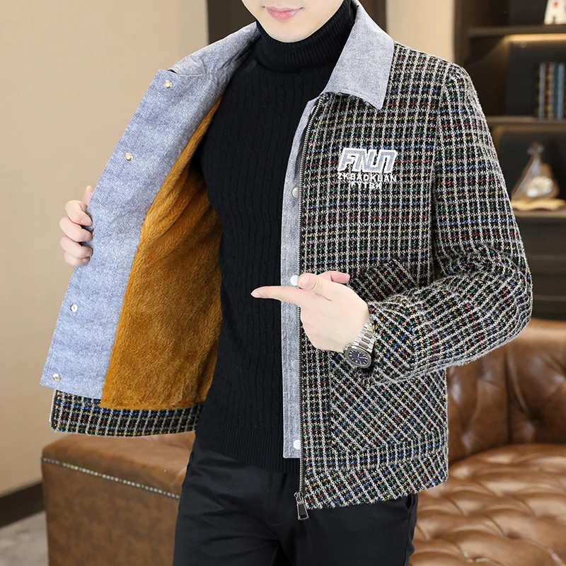 

Winter Korean Plaid Woolen Jacket for Men Thick Warm Fake Two Casual Woolen Blend Jackets Business and social windproof coat