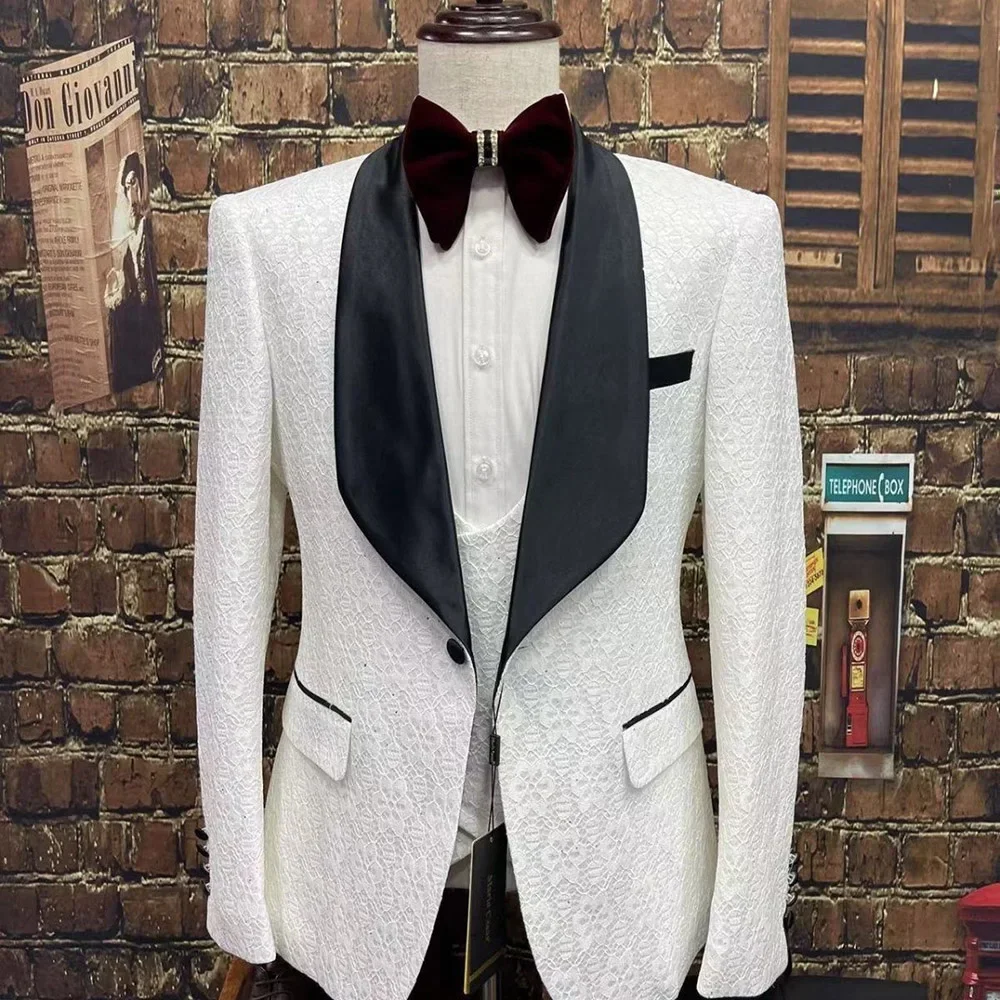 White Wedding Suits for Men Jacquard One Button Black Shawl Lapel Elegant Groomsmen 3 Piece Jacket Pants Vest Slim Fit Full Sets