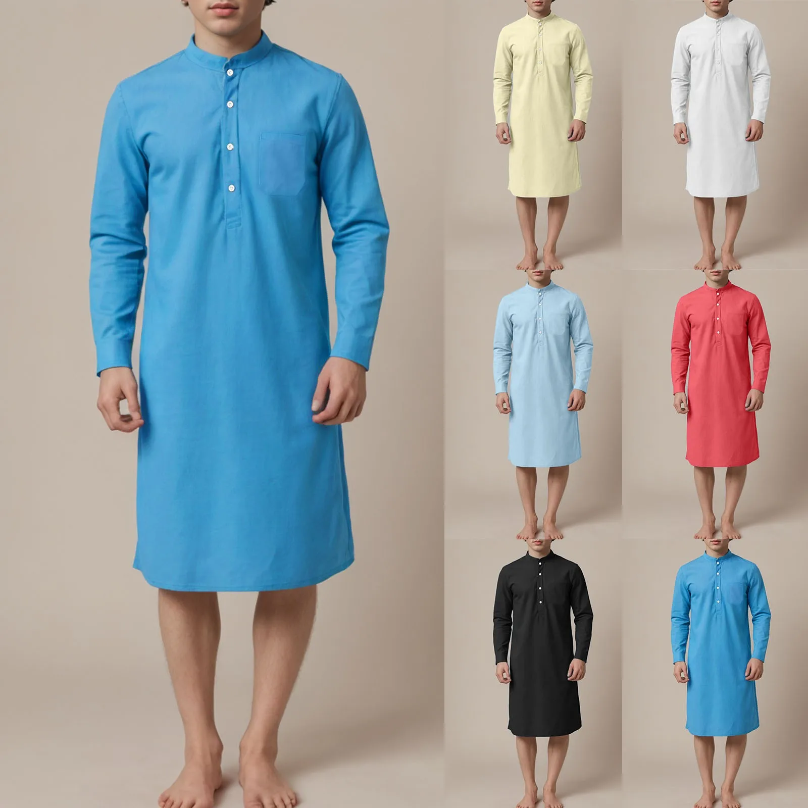 Muslim Robe Mens Caftan Long Sleeve Jubba Thobe Dubai Abaya Middle East Traditional Islamic Robes Turkey Kaftan Arabic Outfits