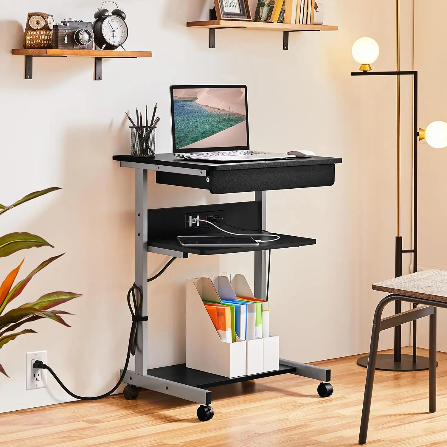 Small Rolling Computer Desk with Power Outlet & Wheels, Mobile Laptop Cart for Home Office, Black, Customized