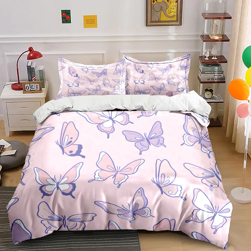 Pink background with purple butterflies Pattern Duvet Cover Set Digital Print Colorful Polyester Bedding with Zipper Closur