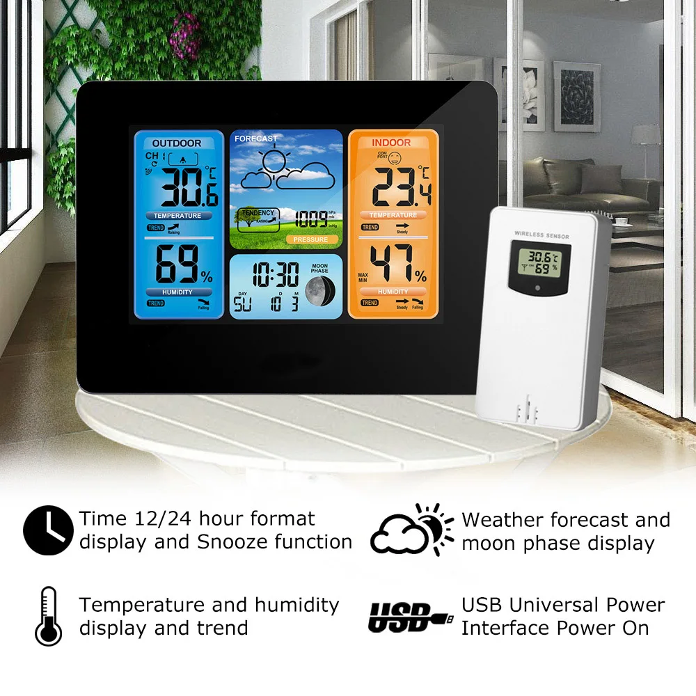 FanJu Weather Station Digital Wall Alarm Clock Thermometer Hygrometer with Wireless Sensor Temperature Humidity FJ3373