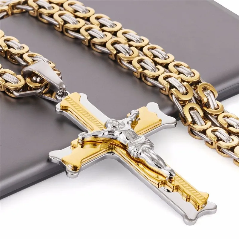 RAKOL Cross Jesus Crucifixion Necklace For Men Women Gold Silver Black Color Stainless Steel Byzanine Chain Crucifix Pendant