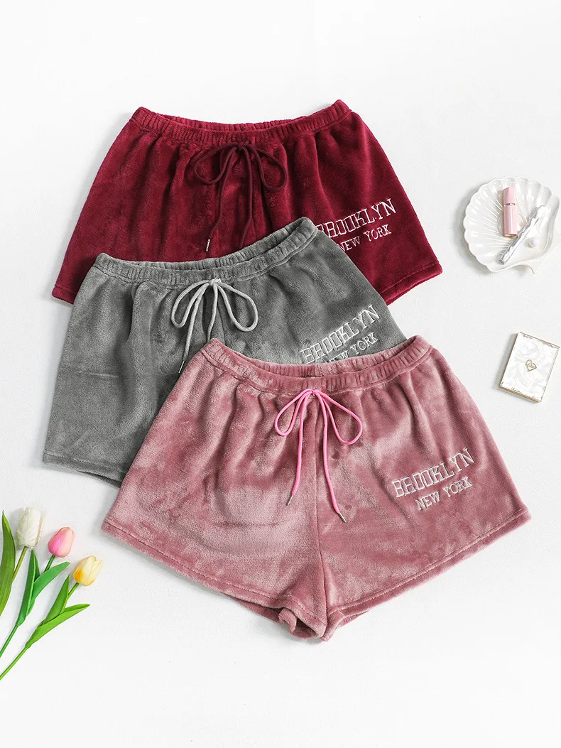 Autumn Winter Thickened Flannel Sleepwear Bottom Shorts 3PCS Sets Letter Printed XL Plus Size Elastic Waist Drawstring Pants Set