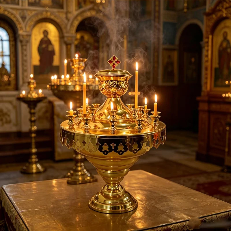 New 2026 38.5cm Gold Plated Multi-Candle Candelabra with Cross Cutouts for Orthodox Catholic Church Altar Liturgy Decor Gift