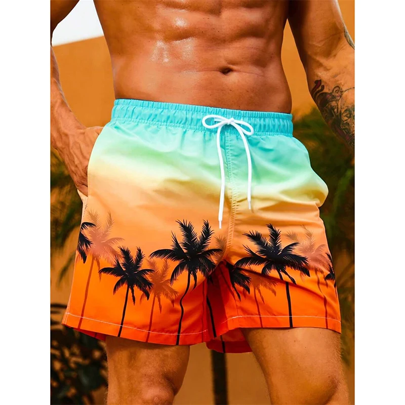 Hawaii Vacations Gradient Print Board Shorts Men Clothes Drawstring Funny Tree Beach Shorts 2025 Summer Fashion Trend Swim Trunk