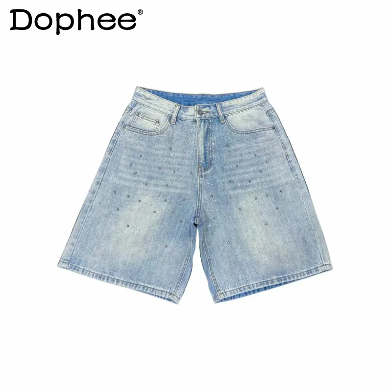 

Men's Women's 2026 Summer High-end Shorts Hot Diamond Straight-leg Denim Shorts Loose Men's Women's Solid Color Five-point Pants