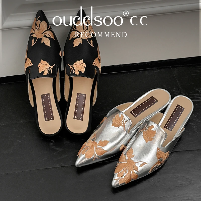 

Ods Metallic Silver Mules For Women Butterfly Floral Embroidery Pointed Toe Backless Flat Slides Evening Party Wedding Cocktail