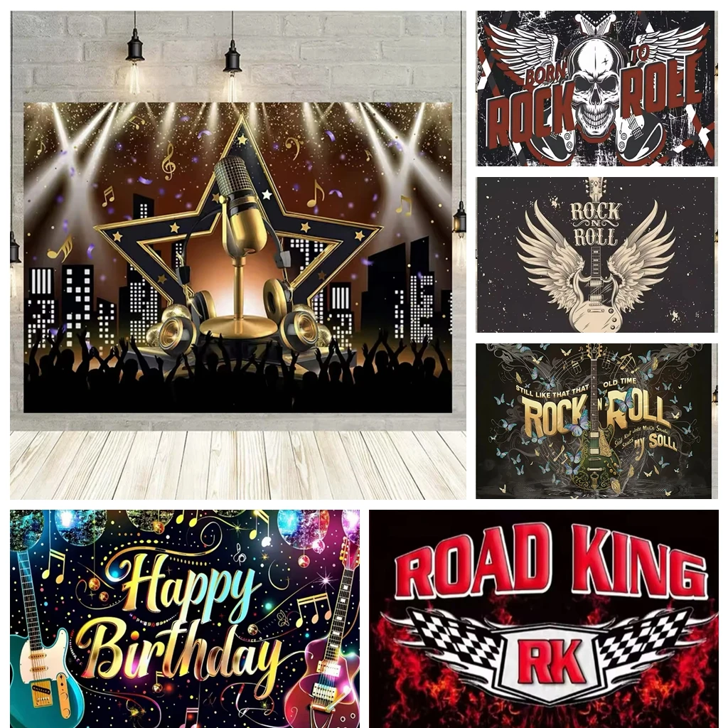 

Rock Theme Stage Background Microphone Guitar Decoration Adult Band Party Birthday Photo Backdrop Wall Concert Scene Layout Prop
