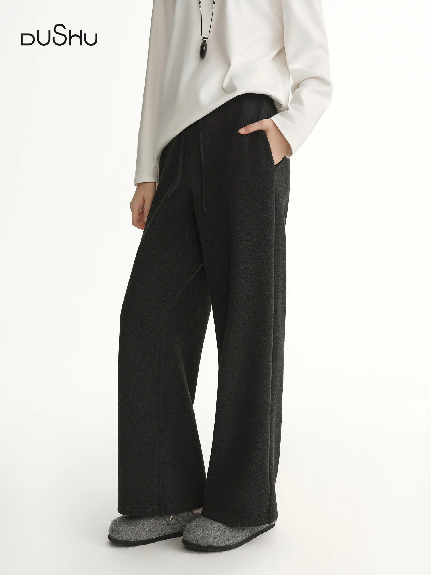 DUSHU 2025 Winter Women's High Waist Drawstring Fleece Lined Loose Fit Casual Pants with Soft Fabric for Comfortable Daily Wear