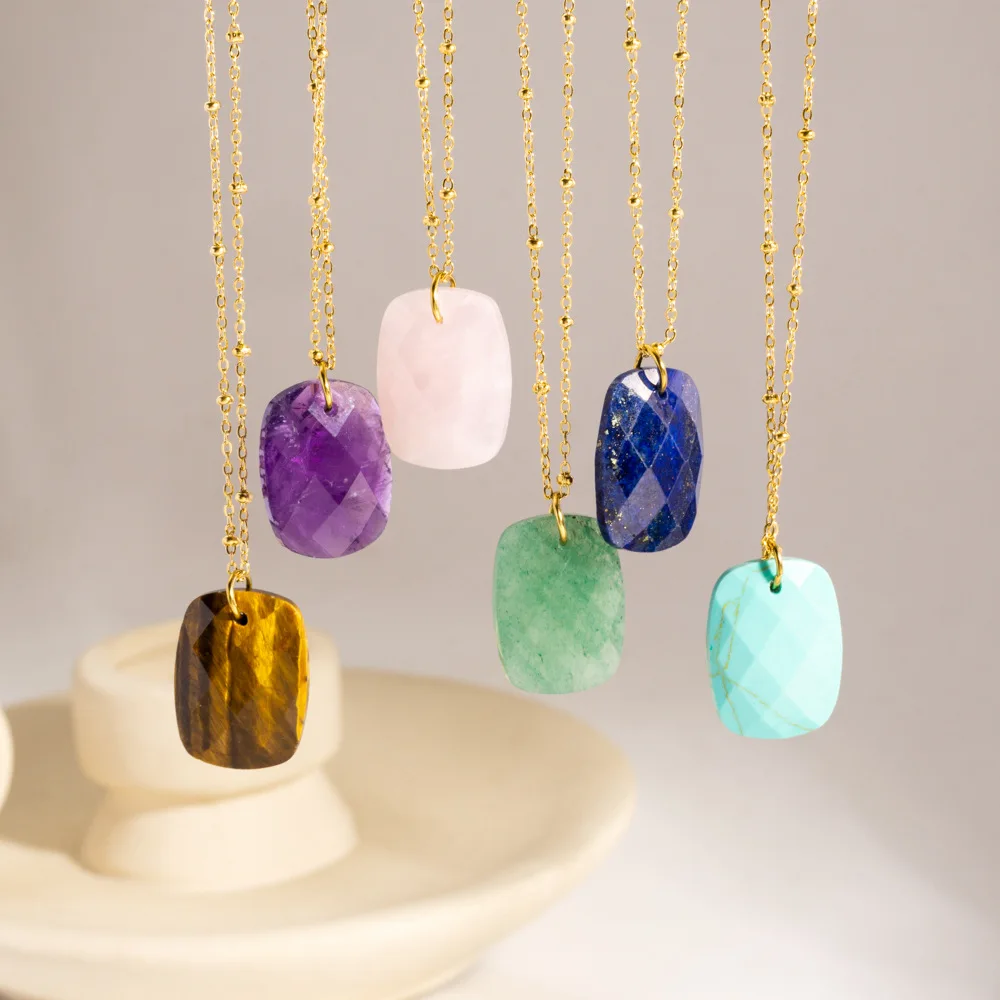 1pc Natural Stone Pendant Stainless Steel Chain Square Amethyst Tiger Eye Crystal Pendant Necklace Jewelry Gifts
