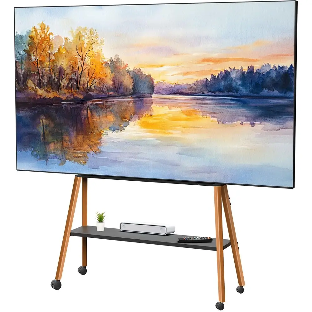 Rolling Artistic 43 to 75 inch LED LCD Screen Mobile Studio TV Easel Stand, Wood Accessory Shelf, Adjustable TV Mount with 4 Wa