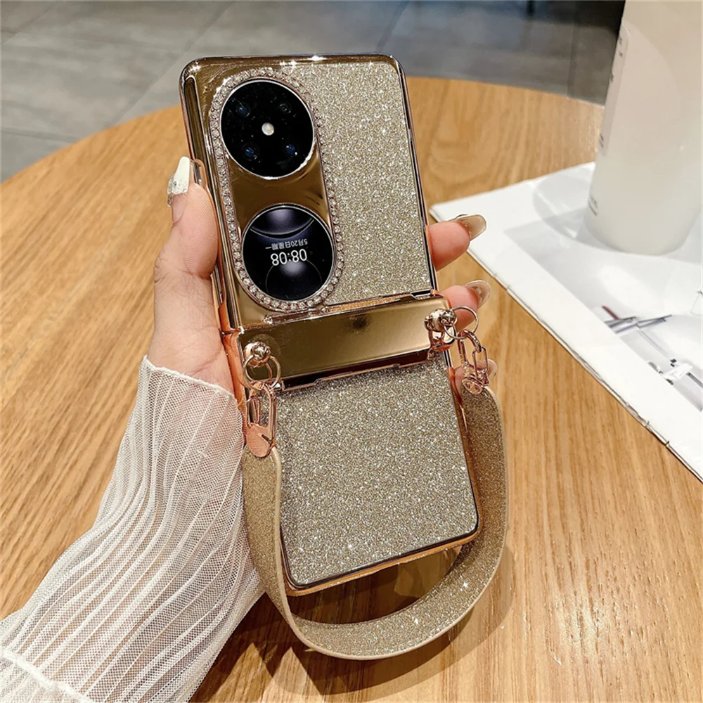 

Plating Gradient Wrist Strap Phone Case For HuaWei P50 Pocket 2 Glitter Powder Protective PC Hard Shell Hinge Protection Cover