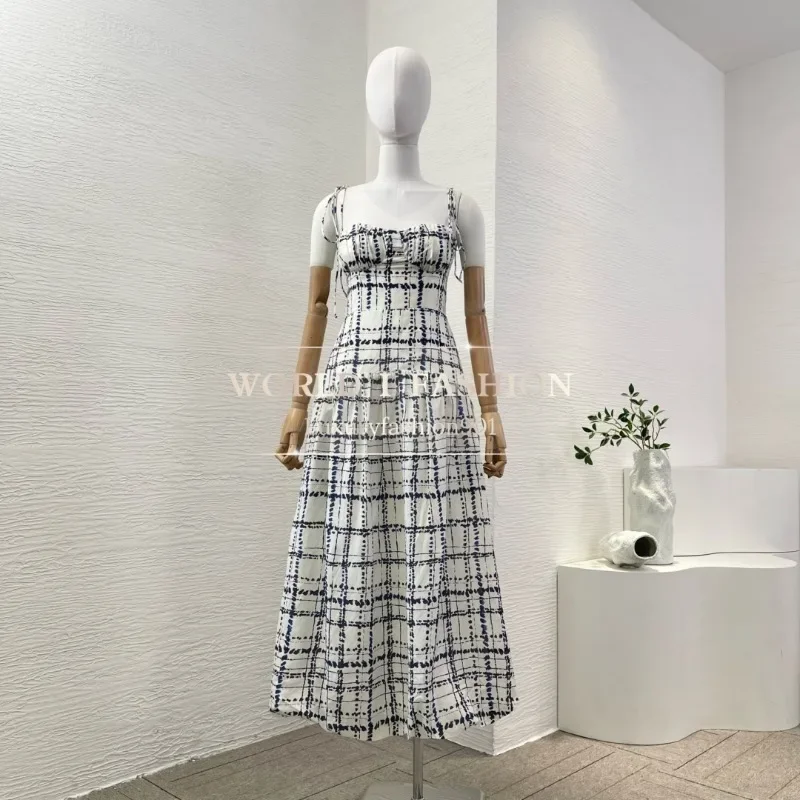 Plaid Sleeveless Vintage Attractive Hand Painting Dresses 2025 High Quality New Fashion Style for Ladies Elegant