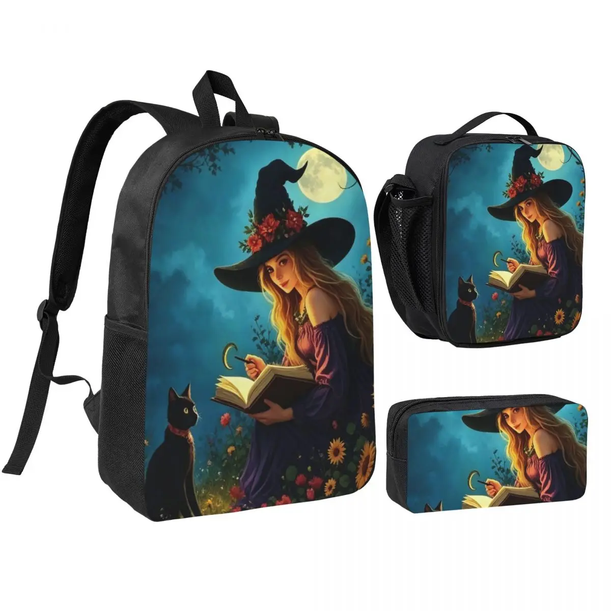 Witch Reading Books In Enchanted Forest Backpack Student BookBag School Bag Shoulder Bags 3ps Insulated Lunch Bag Pencil Case