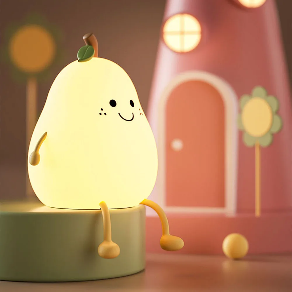 Cute Pear Silicone LED Bedroom Night Light Super Squishy Dimmable Nursery Pear Lamps USB Rechargeable Touch Control 7 Color Lamp