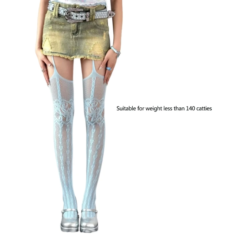 Women Hollowed Fishnet Garter Belt Pantyhose Subculture Punk Heart Patterned Sheer Thigh High Stockings Suspender Tights