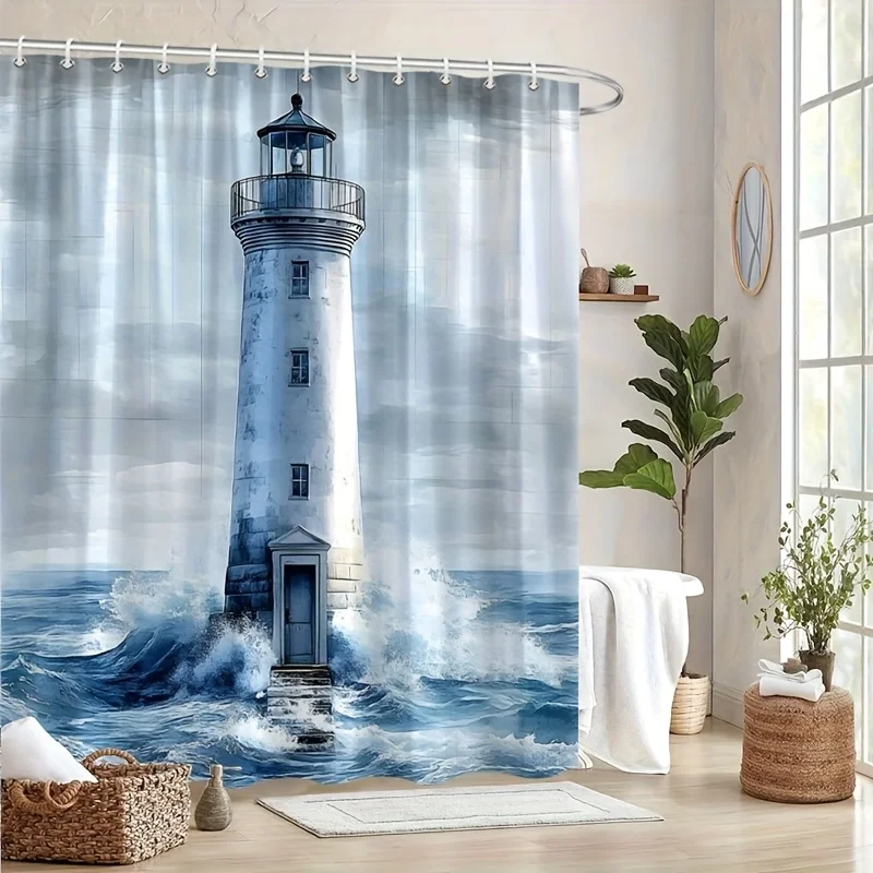 1pc Shower Curtain Featuring a Graphic of Crashing Waves And a Lighthouse, Perfect for Ocean-Themed Bathroom Decor. It Comes wit