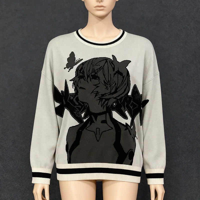 سترة شتوية برقبة دائرية مطبوعة برسوم كارتونية أنيمي، نمط غير رسمي للرجال والنساء، ملابس تريكو عصرية لجميع المواسم