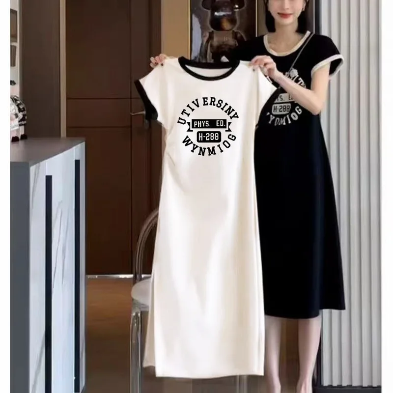 Casual Home Dress For Women Ice Silk Thin Fabric Letter Print Design Split Long Short Sleeve Slim Fit Dress