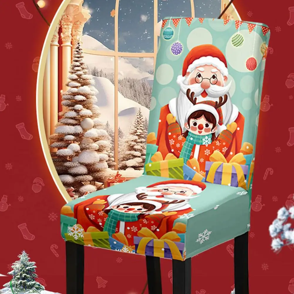 Christmas Chair Covers Dustproof Cartoon Santa Snowman Print Stretchable Fabric Chair Protective Sleeves Christmas Decoration