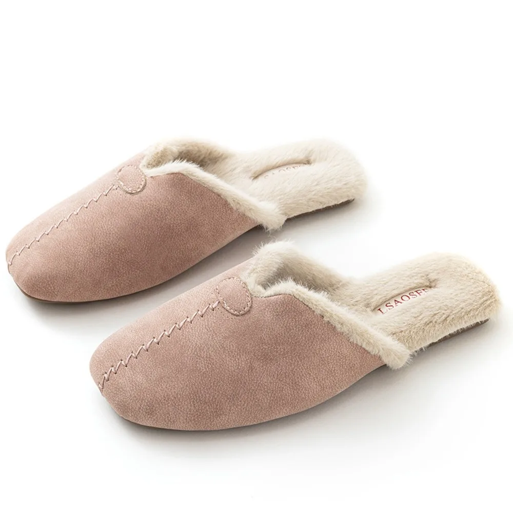 Autumn Winter Leather Slippers Beef Tendon Soles Men's Indoor Floor Mopping Women's Light Luxury Couple Velvet Thermal Shoes