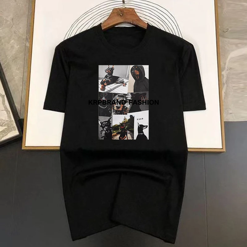 Men's Oversized Cotton T-Shirt Luxury Casual Dobermann Print Crew Neck Short Sleeve Solid Color Graphic T Shirts Harajuku