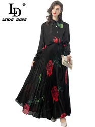 LD LINDA DELLA 2024 Summer Luxury Skirt Set Women Vintage Chiffon Print Shirt+Pleated Lrregular Elastic Waist Skirt 2 Pieces Set