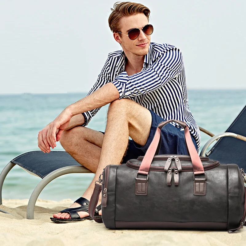PU Leather Large Capacity Men Fitness Bag Dry Wet Separation Travel Bag Waterproof Crossbody Shoulder Bag with Shoe Compartment