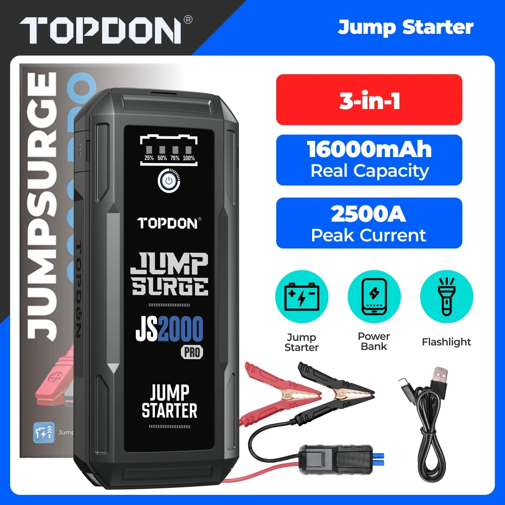 TOPDON JS2000PRO 2500A Car Jump Starter Portable Emergency Battery Booster & Power Bank for Dead Car Battery All in One 8.0L Gas/6.0L Diesel