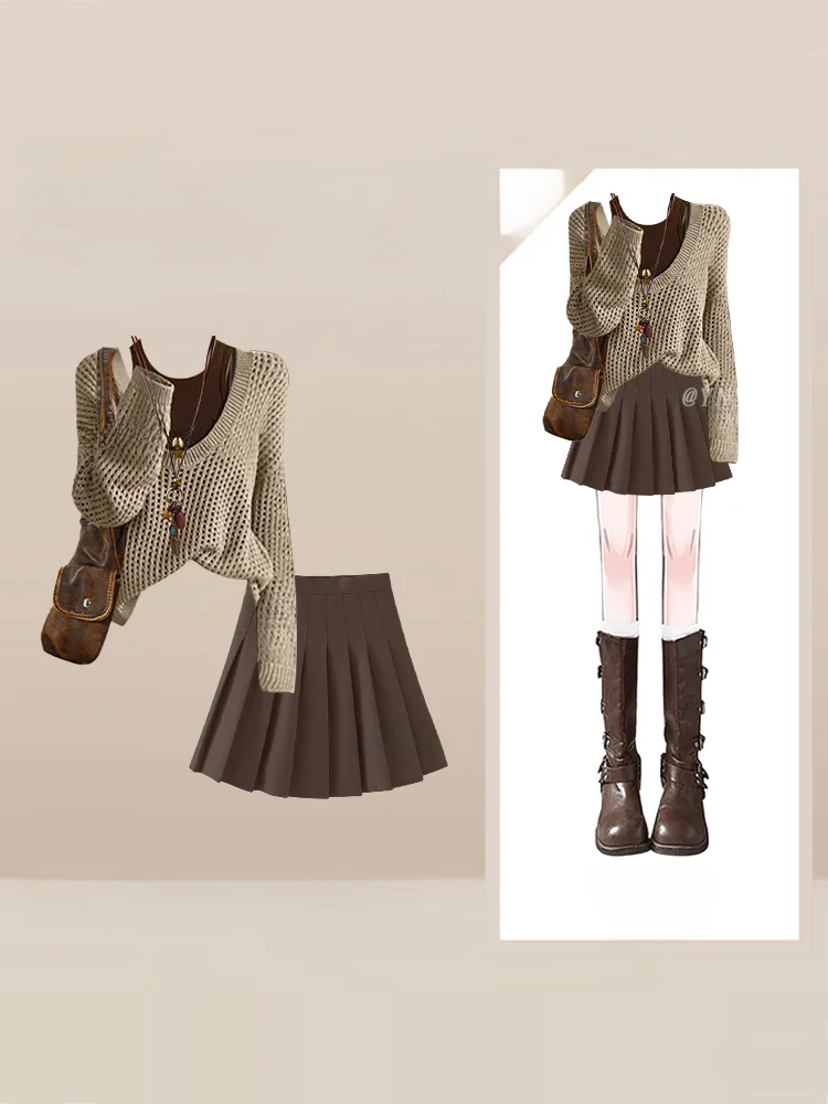 

Комплект из двух предметов: юбка с вырезами и поясом и футболка для женщин, повседневная модная одежда для осенне-зимнего сезона