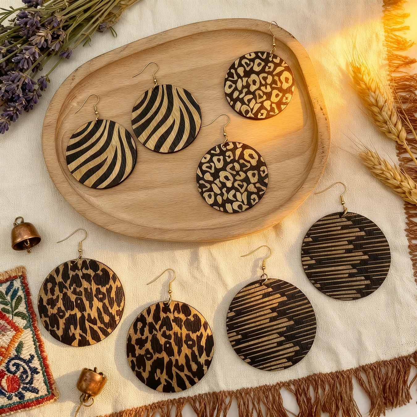 4 Paar/Set, elegante Vintage-Creolen aus Holz mit Leopardenmuster, stilvoller und einzigartiger Leopardenmuster und dynamischer Druck, trendige Damenohrringe im Bohemian-Stil, geeignet für den