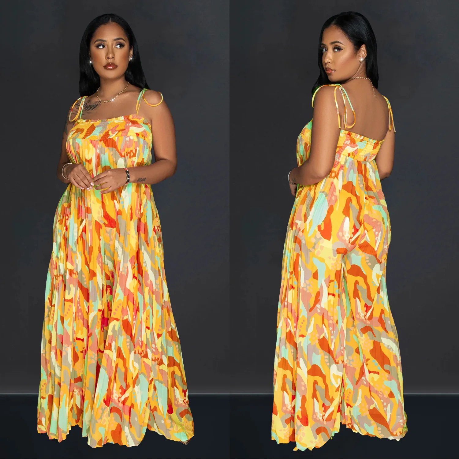 Tuta da donna Tuta a gamba larga pieghettata con bretelle stampate alla moda e sexy 2025 Estate