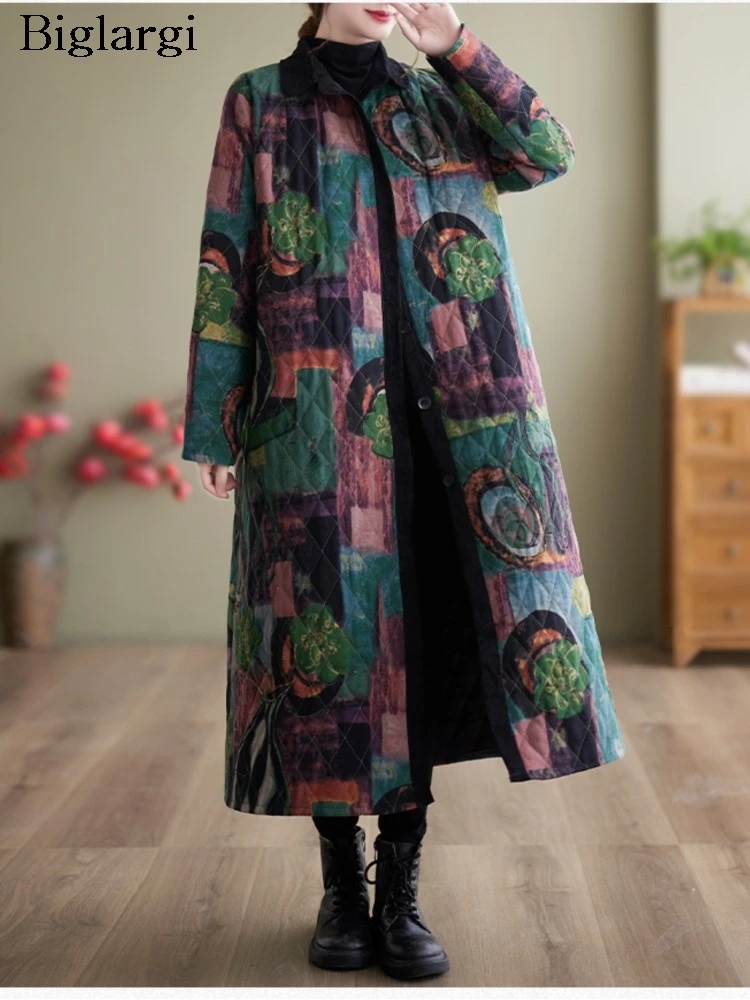 Autumn Winter Padded Cotton Coat Women Geometric Print Fashion Casual Ladies Jackets Loose Long Sleeve Woman Long Oversized Coat