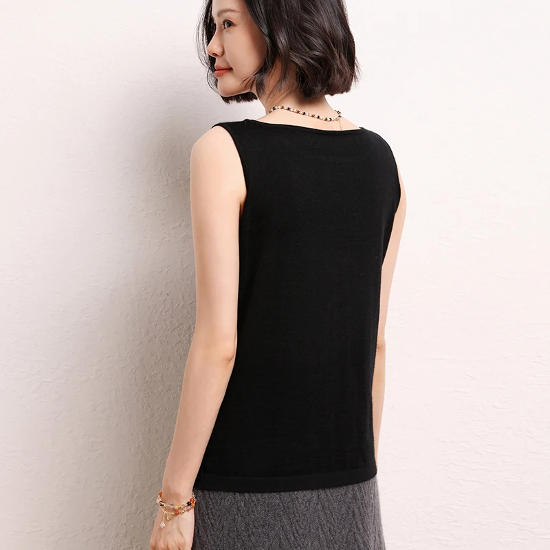 Minimalist 100% Pure Cashmere Sweater for Women's Straight Neck Sleeveless top Knitted Bottom Sweater New Summer Vest