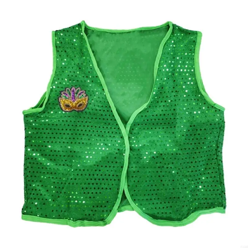 Irish Green Role Play Vest Features Sequins Accent for Saint Patrick's Day Cultural Festivities and Themed Parties 6XDA
