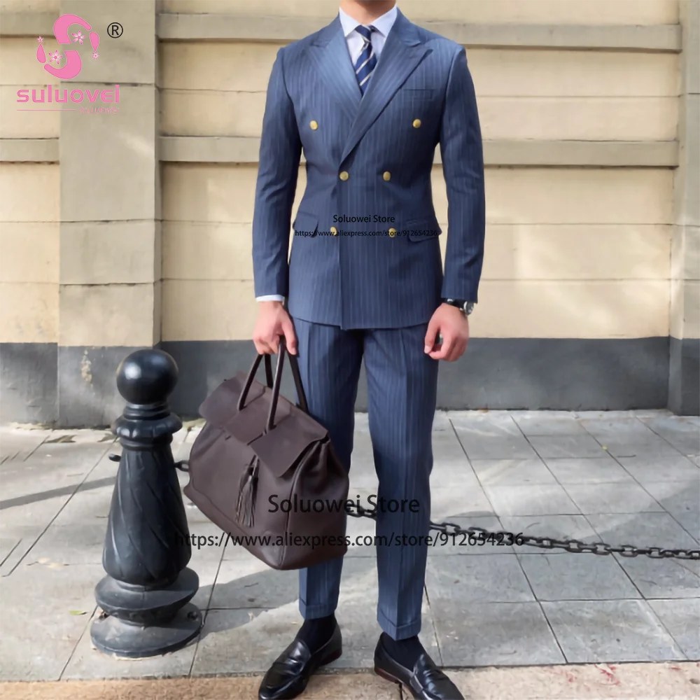 Klassische Business gestreifte Anzüge für Männer Slim Fit 2 Stück Hosen Set formelle Bräutigam Hochzeit Dinner Party Abschluss ball Zweireiher