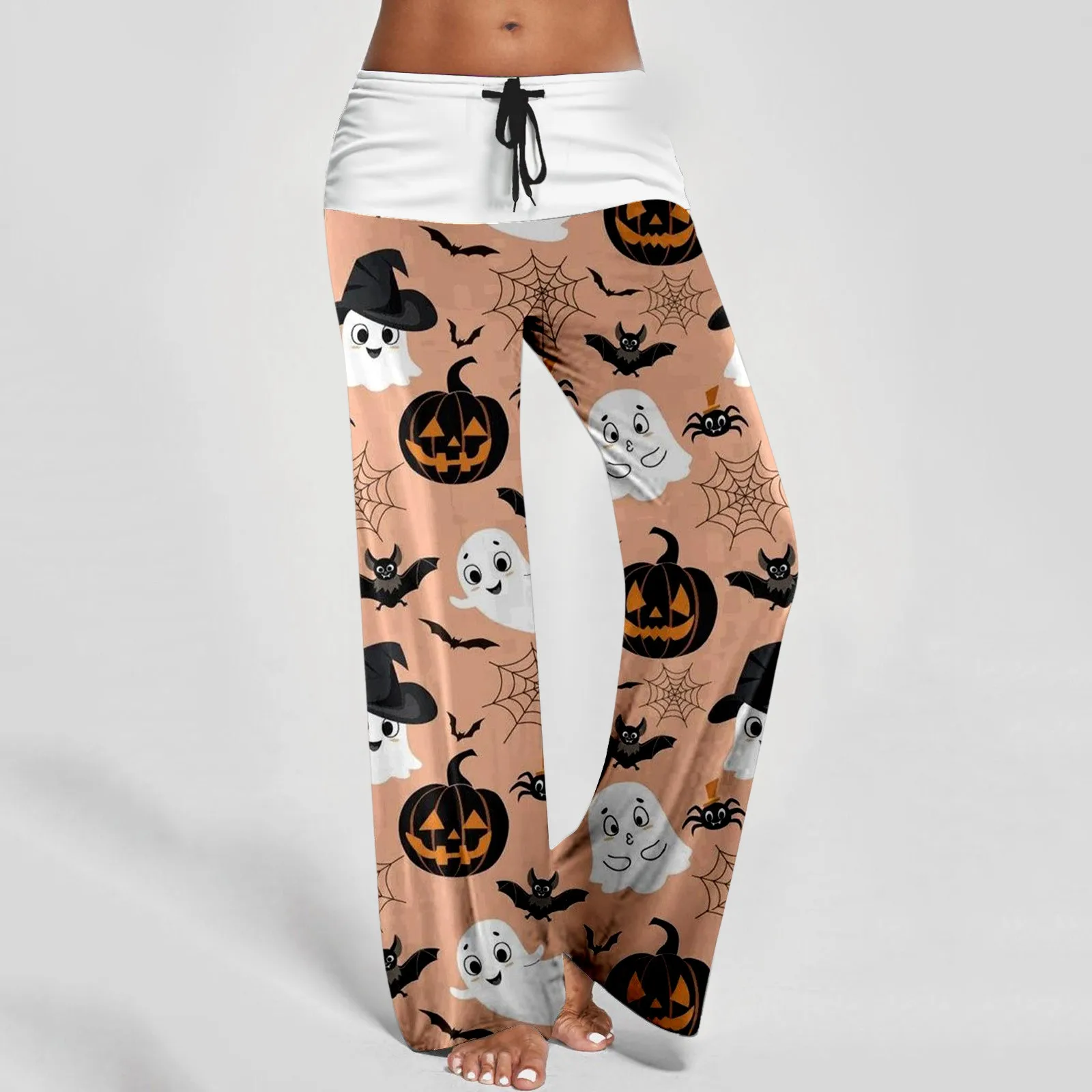 Halloween Damskie Klasyczne Casualowe Nadruki Sznurek Patchwork Wygodne Szerokie Nogawki Spodnie Damskie Modne Szykowne Spodnie Baggy Kobiety